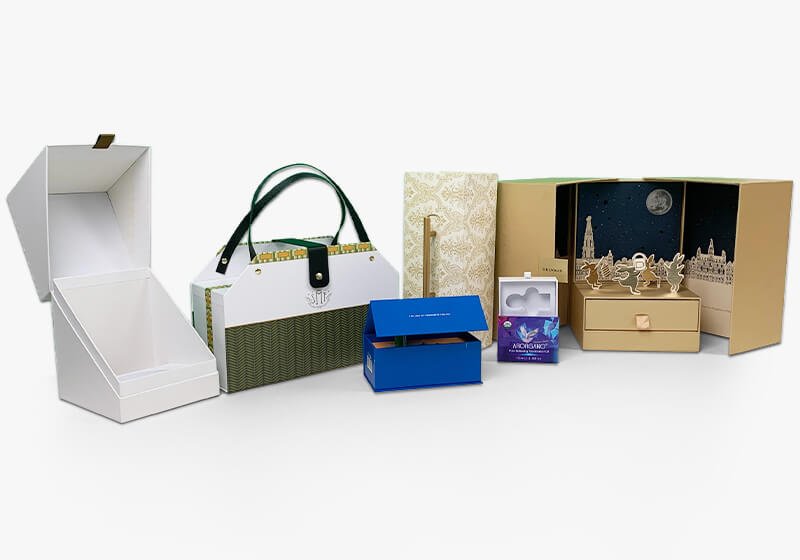 Luxury custom rigid gift boxes with creative designs, premium materials, and unique opening styles for high-end products and brand packaging.