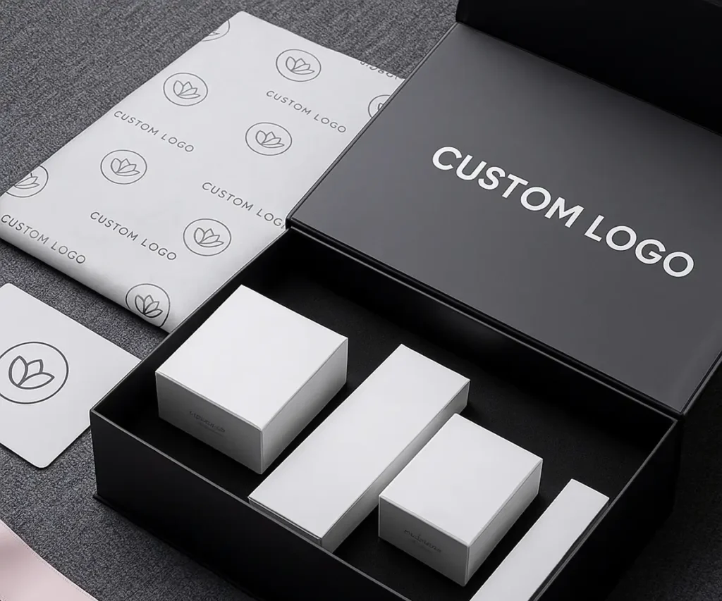 Luxury black magnetic closure box with custom logo and inserts.