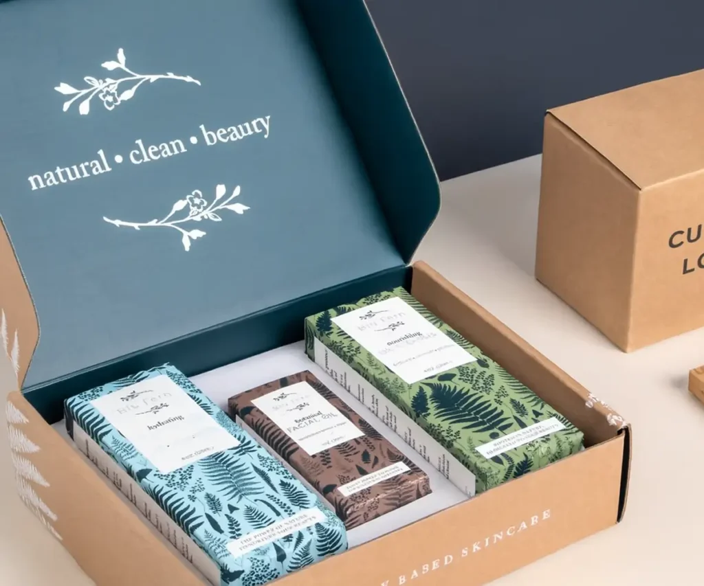 Eco-friendly kraft paper packaging boxes printed with soy-based ink.
