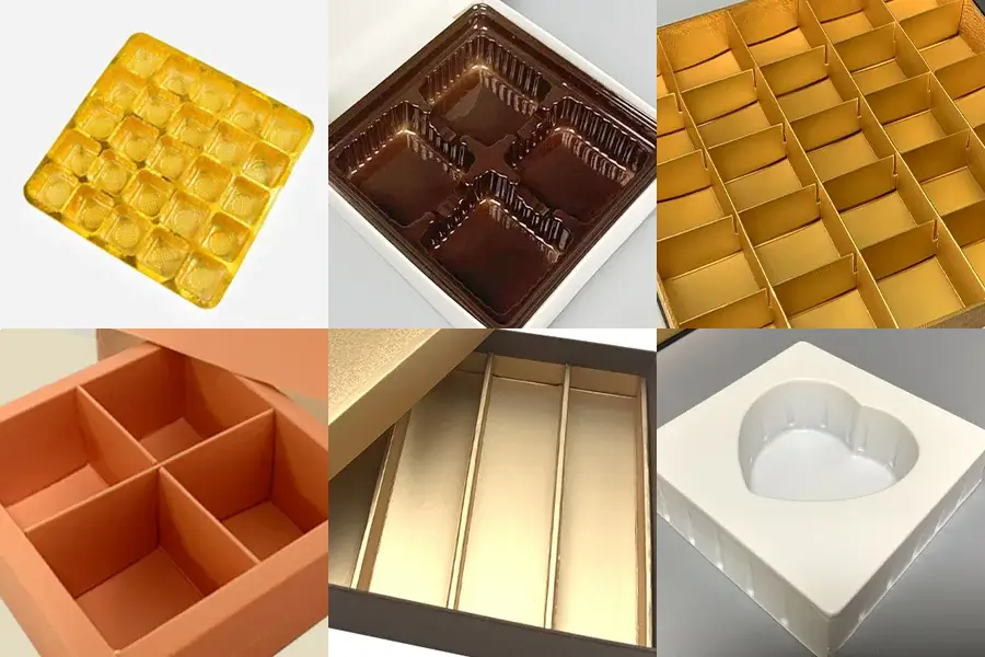 Various material options for chocolate packaging, including plastic trays, cardboard, and eco-friendly paper inserts.
