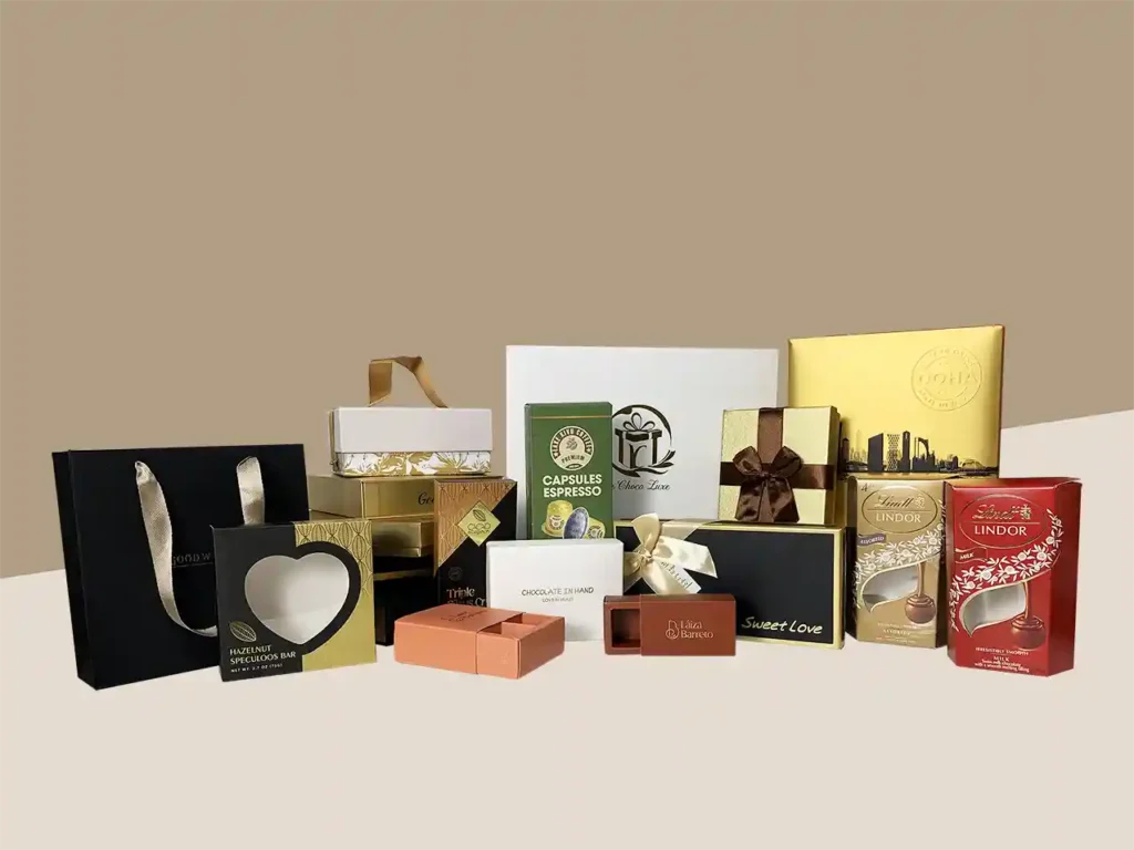 Luxury chocolate packaging gift boxes and bags in various designs, colors, and finishes.