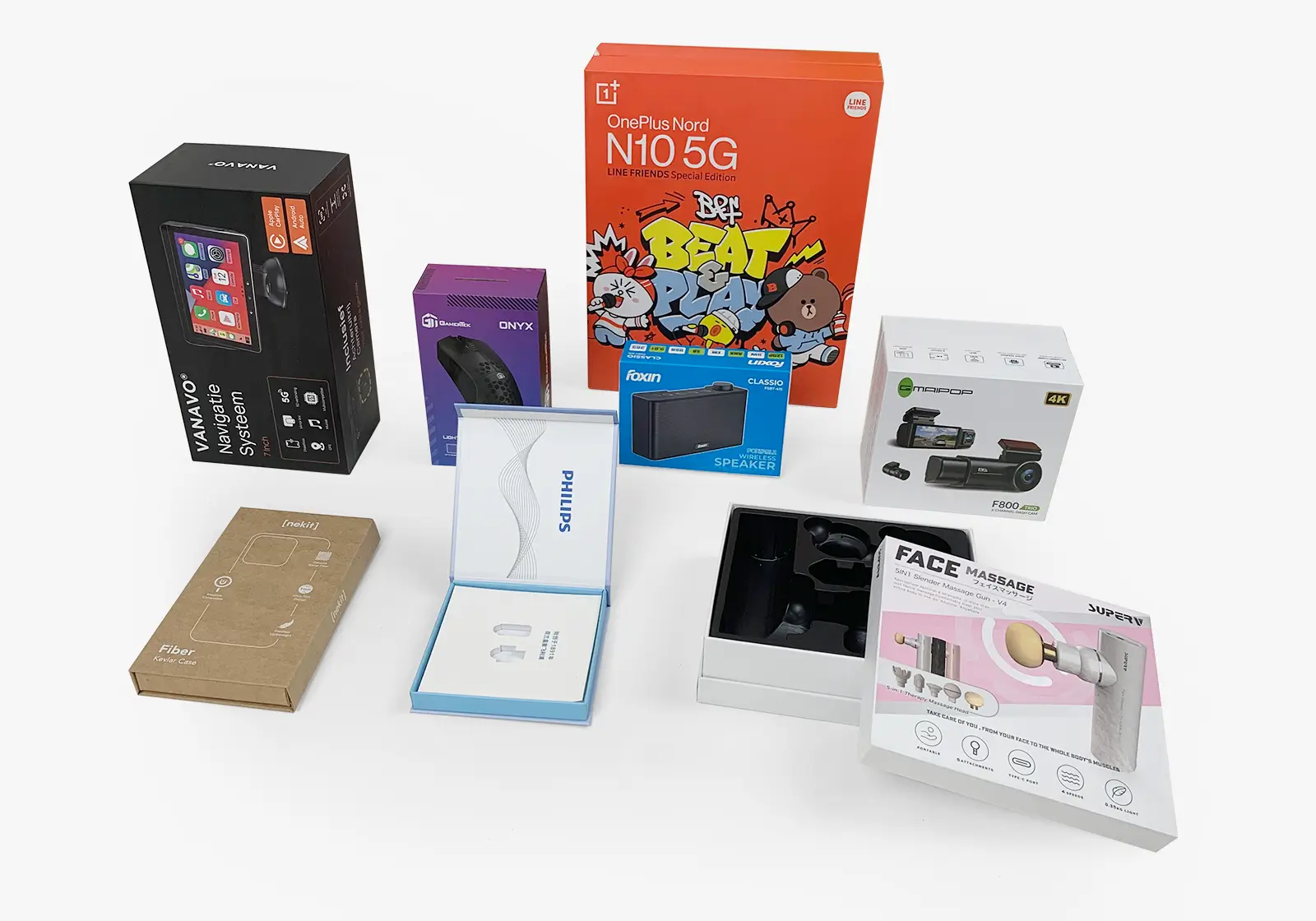 Custom consumer electronics packaging boxes in various sizes and styles