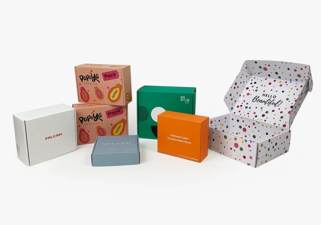 Colorful custom mailing boxes with printed designs and branding