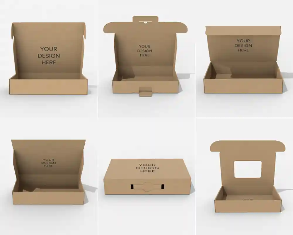 Various styles of customizable kraft paper mailing boxes.