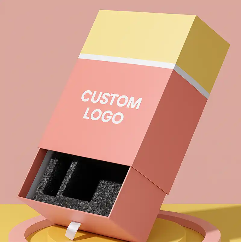 Custom logo drawer packaging box with sliding design.