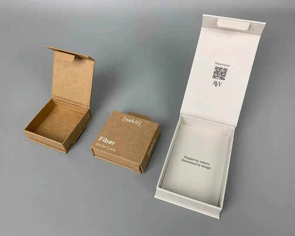 Eco-friendly biodegradable book-style packaging boxes with clasp closure.