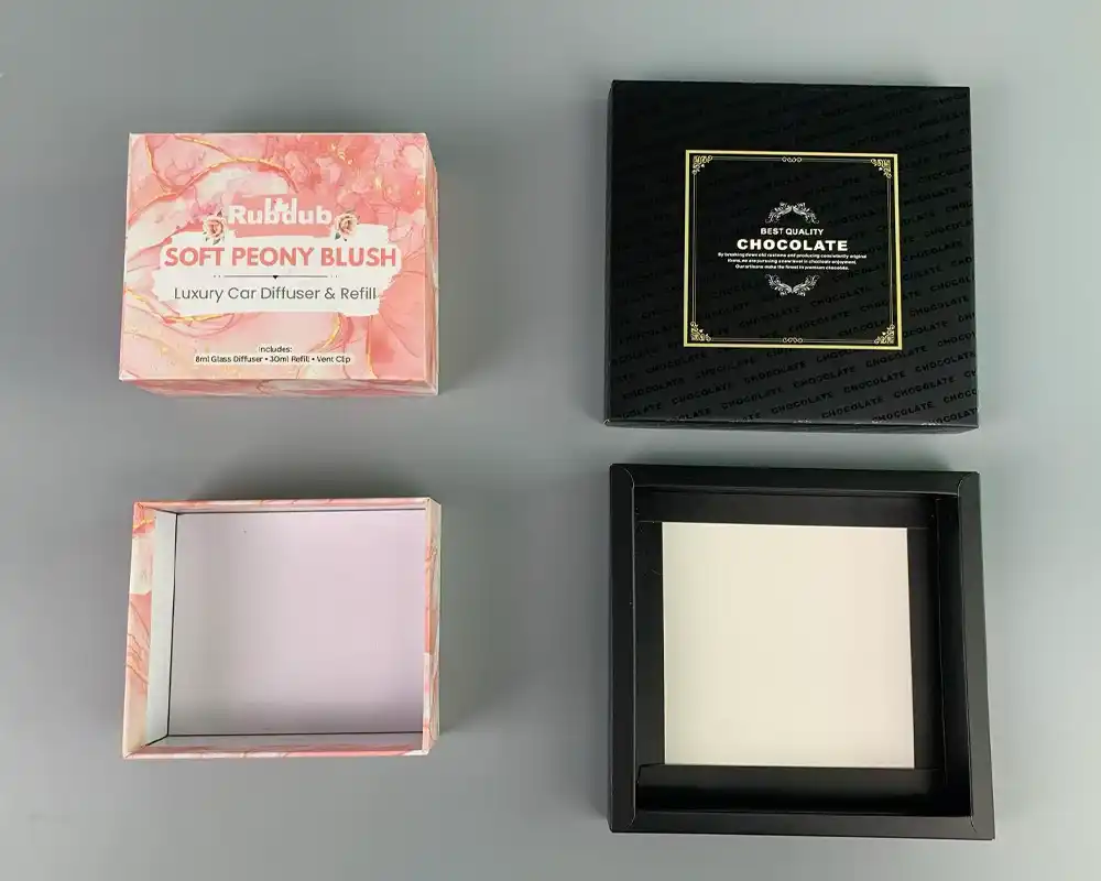 Rigid and foldable two-piece packaging boxes in different designs.