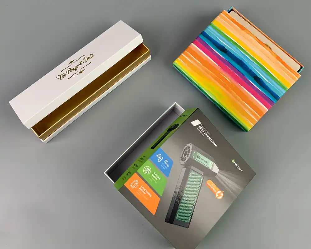 Custom two-piece packaging boxes with colorful and elegant designs.