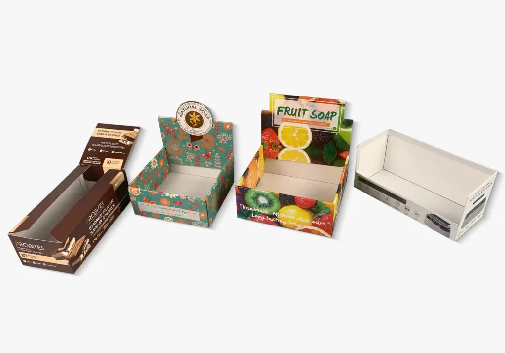 Custom printed cardboard display boxes for retail products.