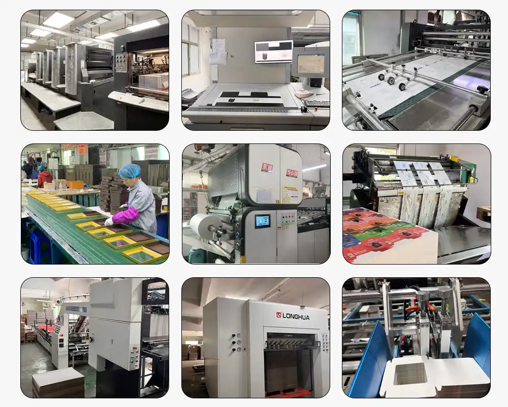 Collage of packaging factory images showing printing machines, laminators, stamping equipment, and workers assembling custom boxes.