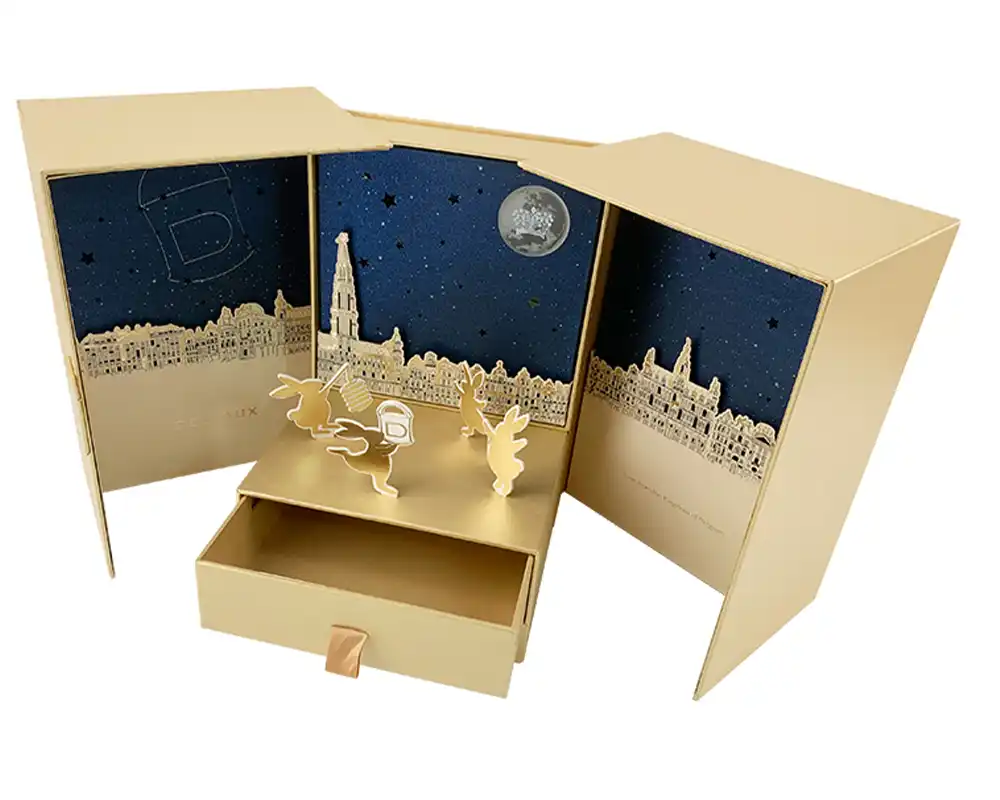Luxury custom packaging box with intricate handmade design and drawer.