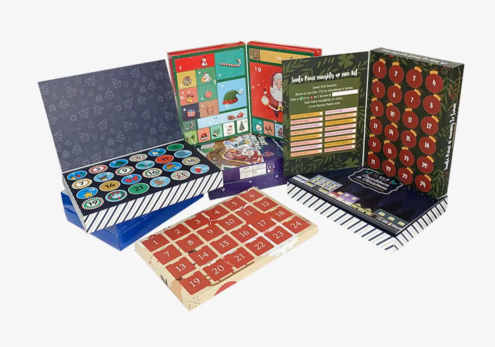 Colorful custom advent calendar boxes with numbered windows.