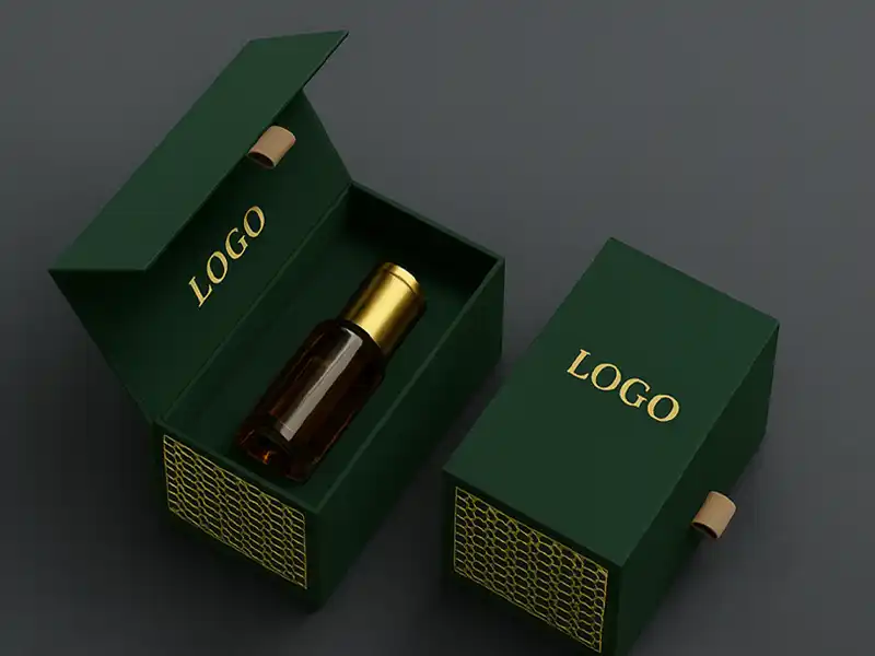 Luxury green perfume packaging magnetic box with gold logo and EVA insert.
