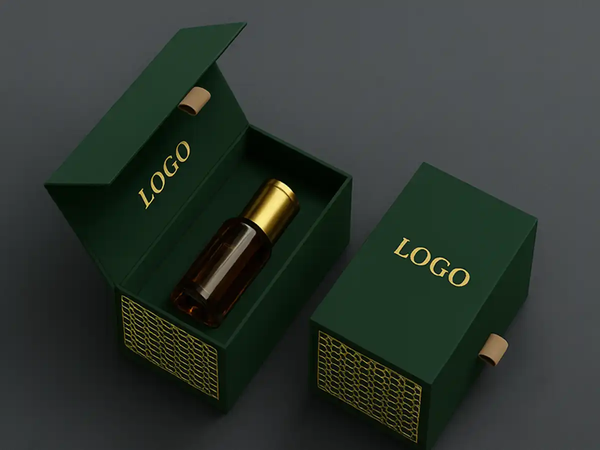 Luxury green perfume packaging magnetic box with gold logo and EVA insert.