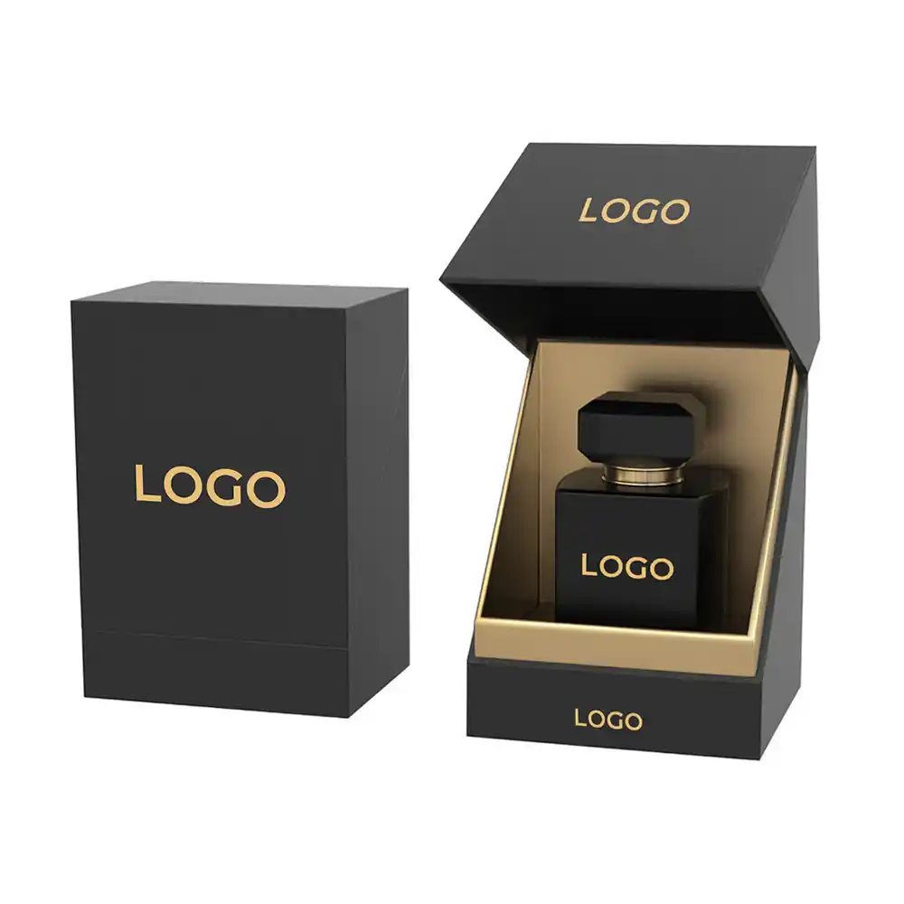 Black and gold hinged lid rigid box for luxury perfume bottle packaging