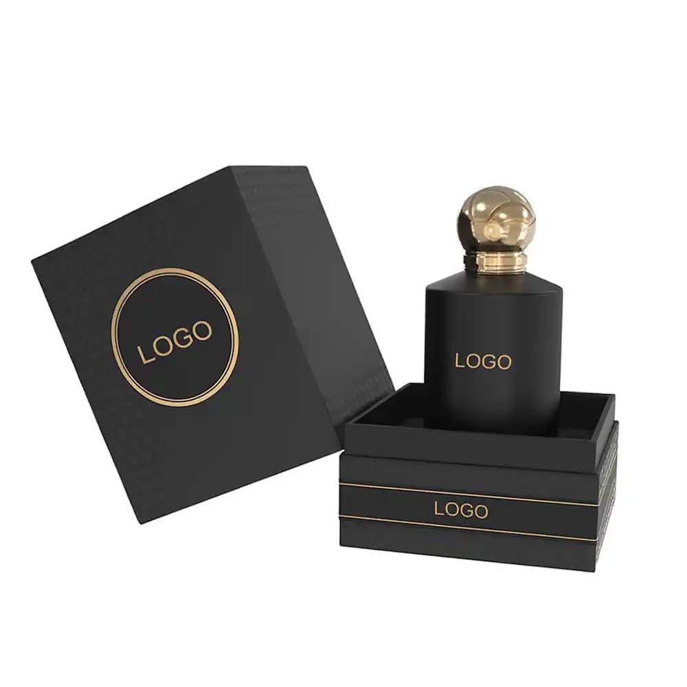 Black and gold lift-off lid rigid box for luxury perfume bottle packaging