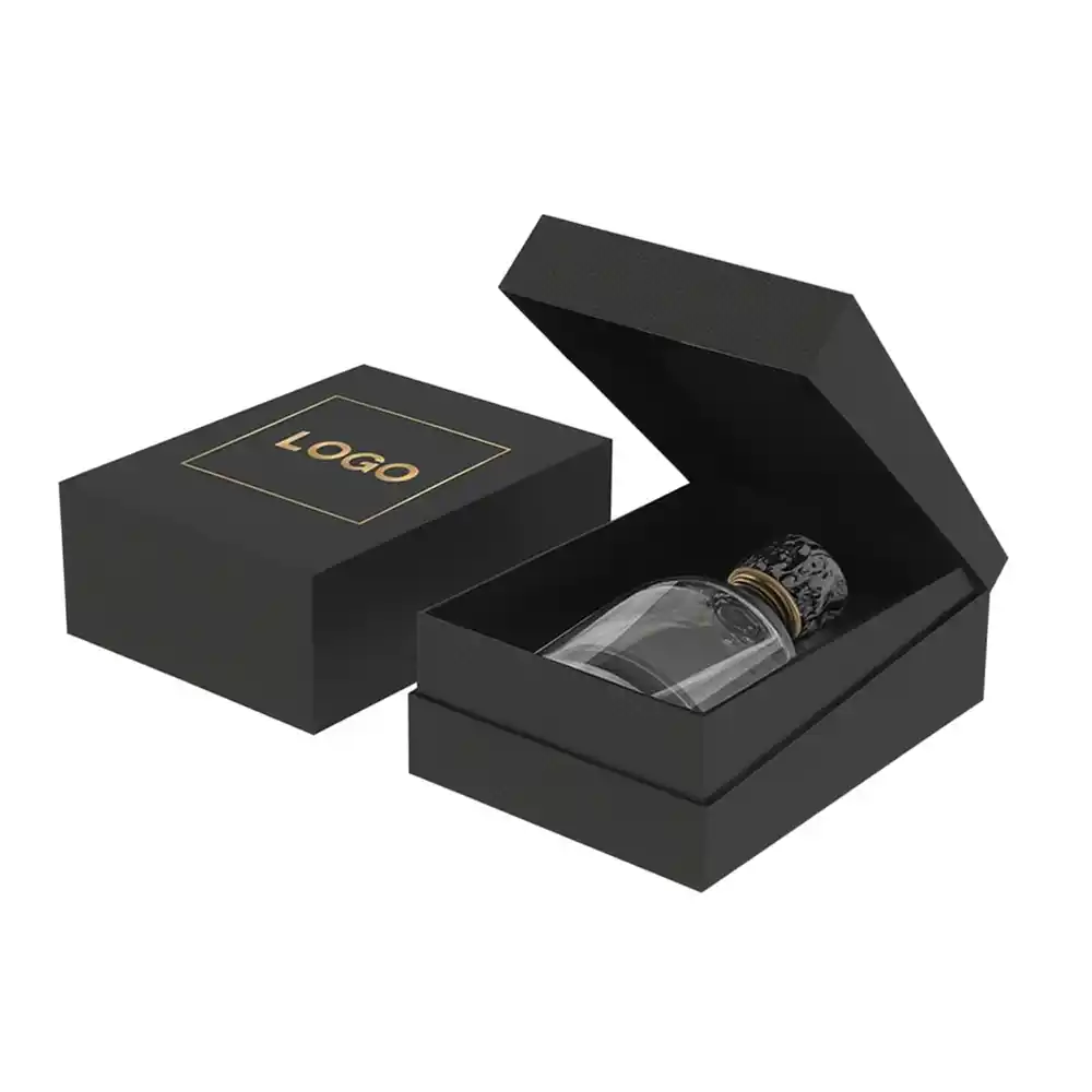 Black hinged lid rigid box for perfume bottle with gold logo