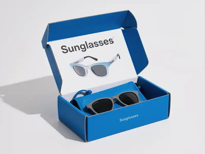 Blue corrugated mailing box for sunglasses with printed logo and pouch