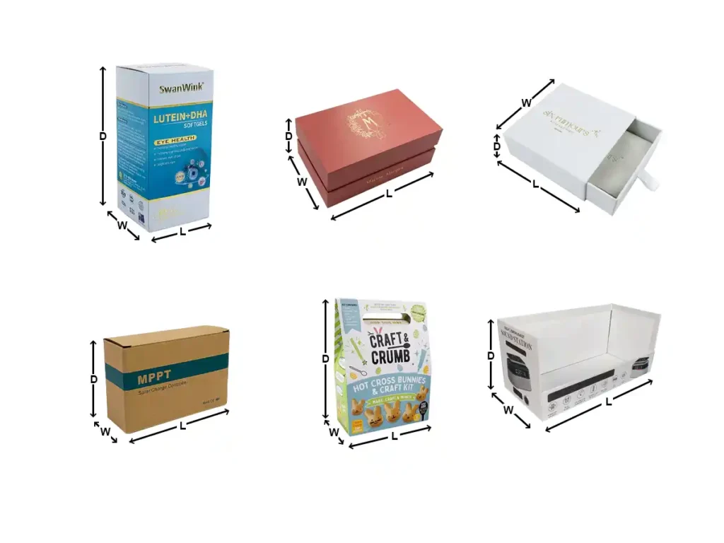 Different types of custom packaging boxes with length, width, and depth measurements.
