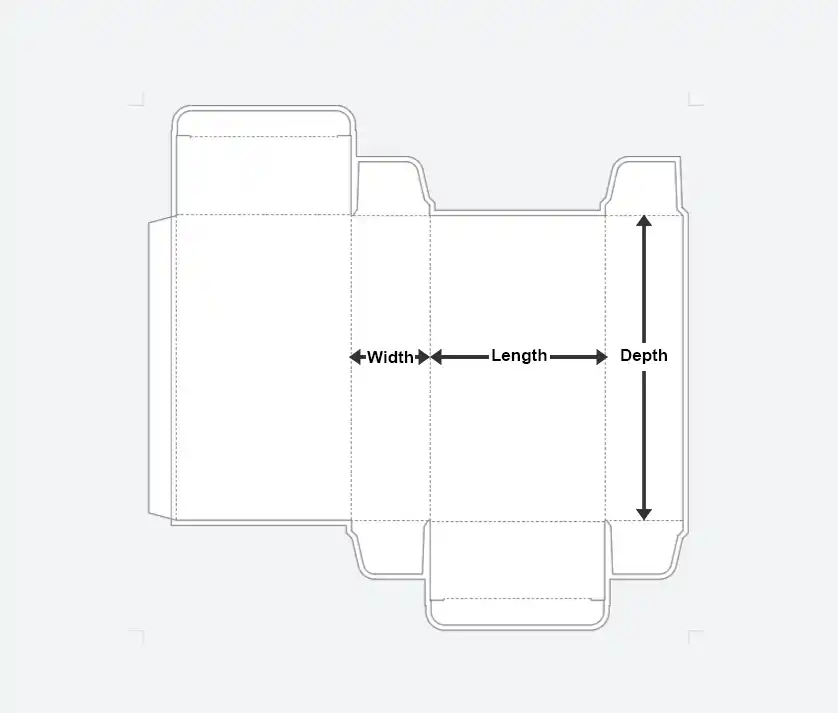 Flat box template showing length, width, and depth measurements.