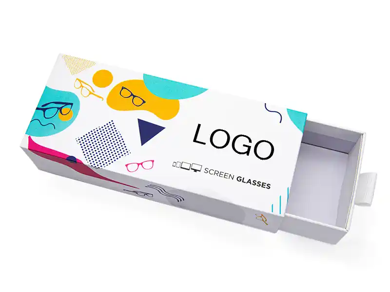 Colorful drawer-style eyeglass packaging box with custom logo design