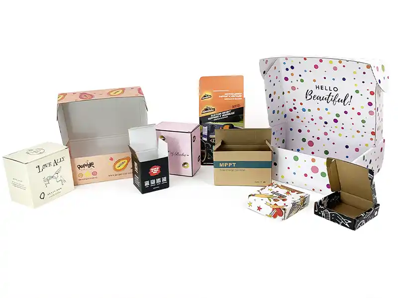 Colorful custom printed corrugated boxes for product and gift packaging.