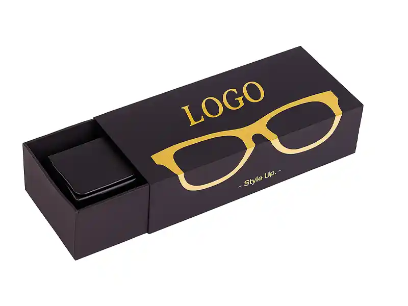 Black drawer-style eyeglass packaging box with gold logo design