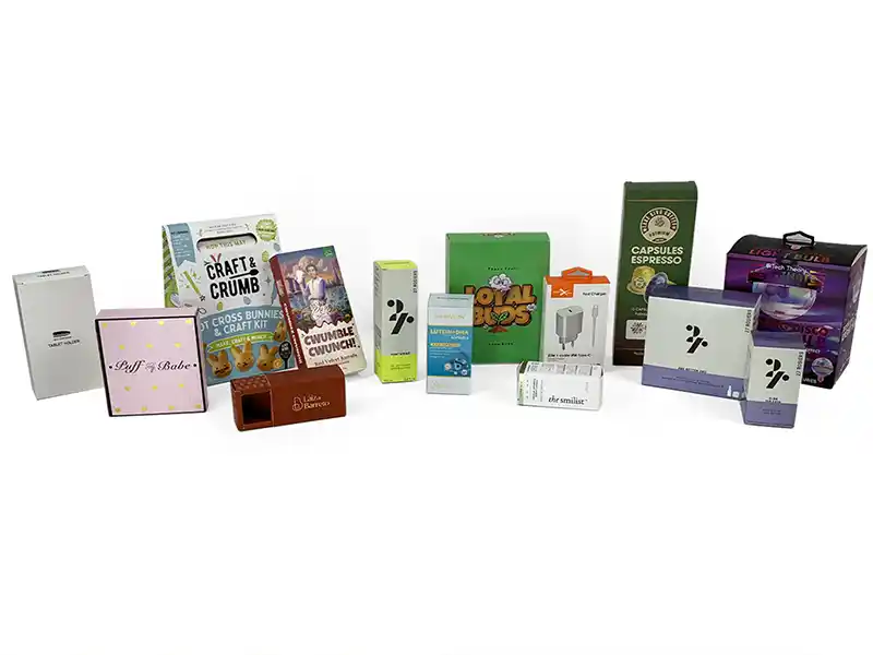 Custom printed folding carton boxes in various sizes and designs.