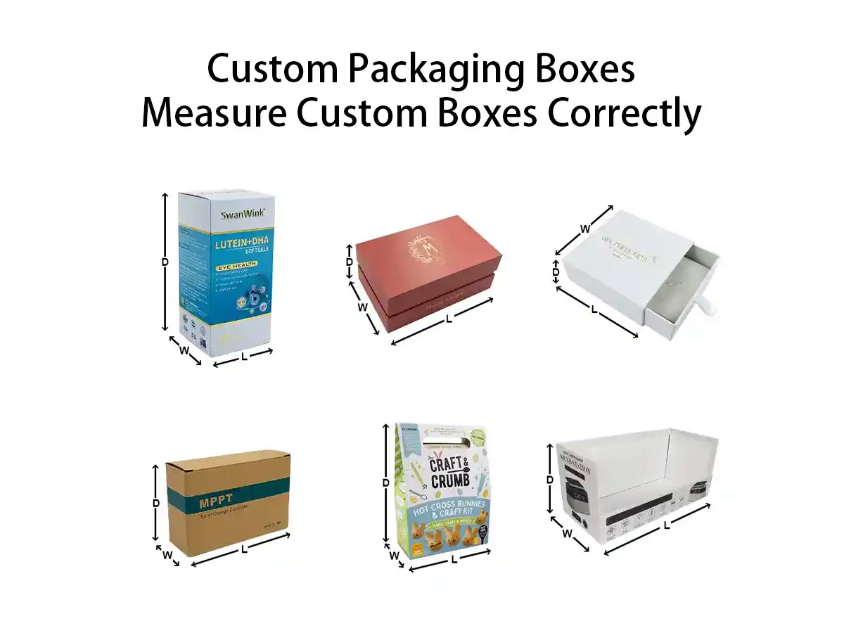 Different types of custom packaging boxes with length, width, and depth measurements.