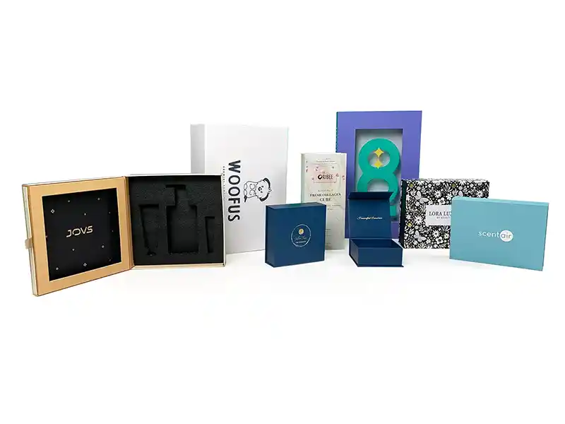 Luxury rigid boxes with custom inserts and premium printed finishes.