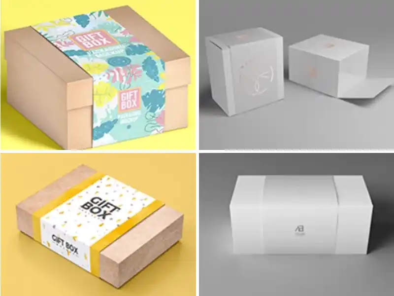 Paper sleeve packaging on kraft and white gift boxes for branding.