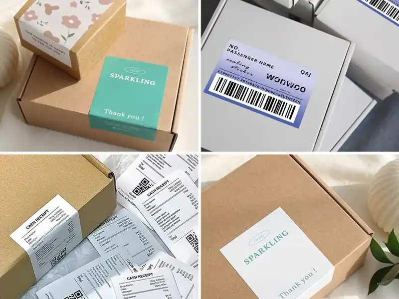 Kraft and white mailer boxes with custom printed stickers for branding.