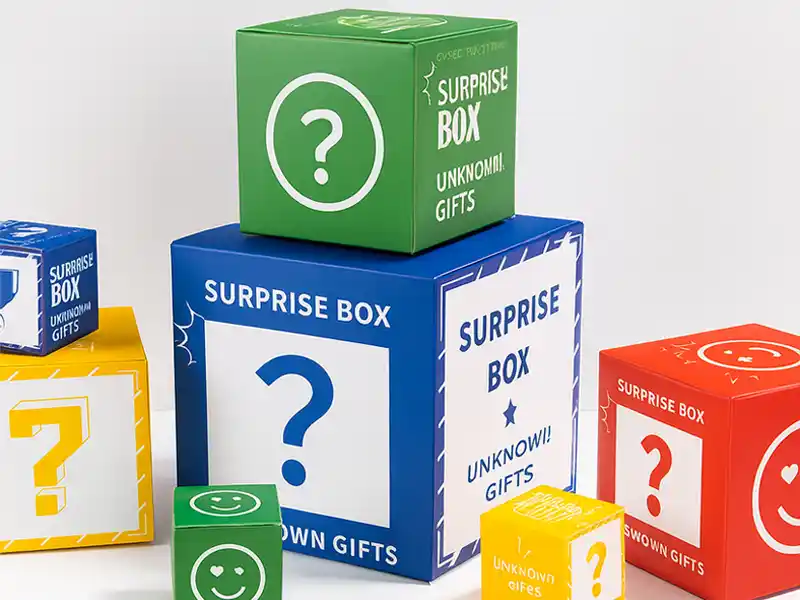 Colorful surprise blind box packaging in multiple sizes for gift and toy collections