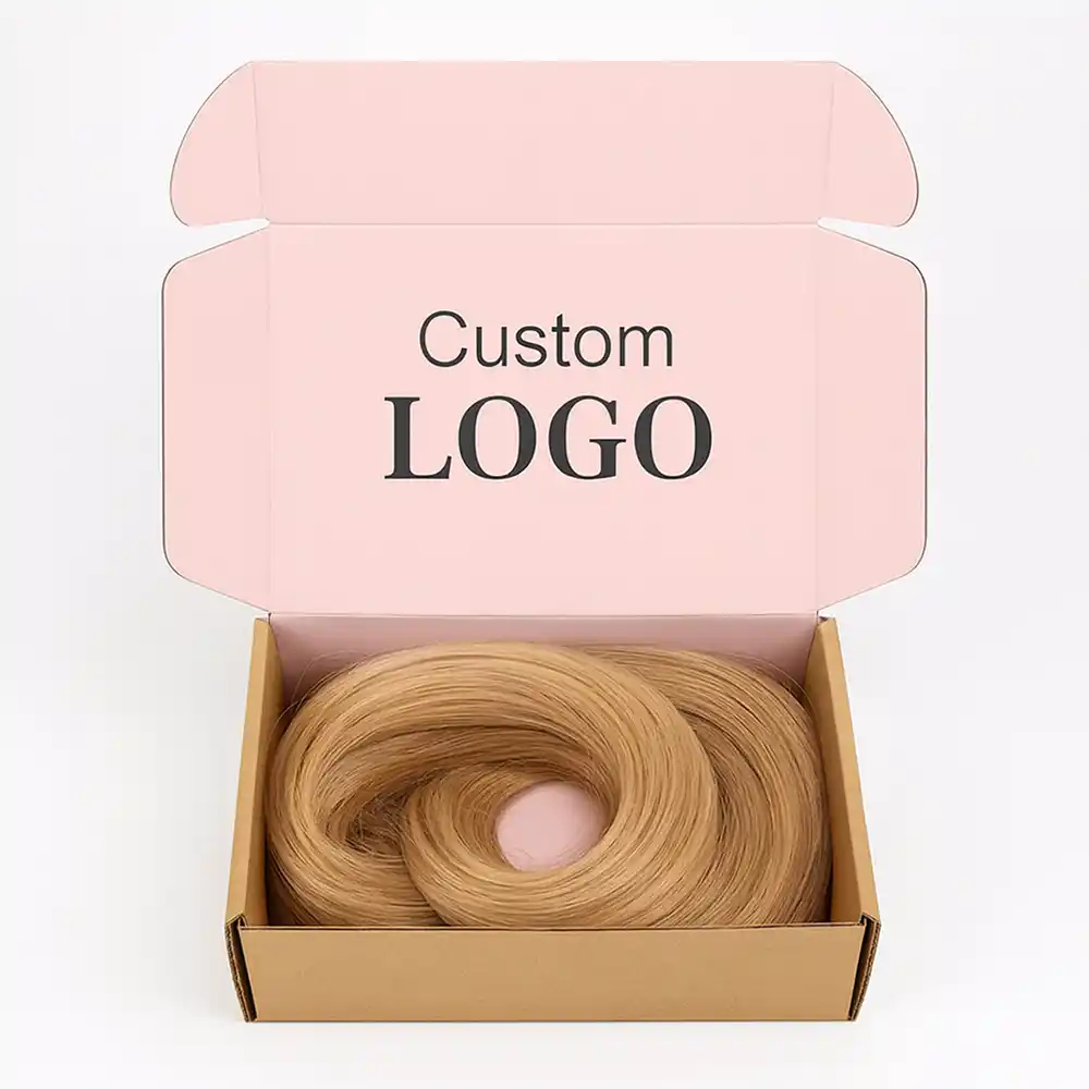 Kraft mailer box with pink interior for wig packaging