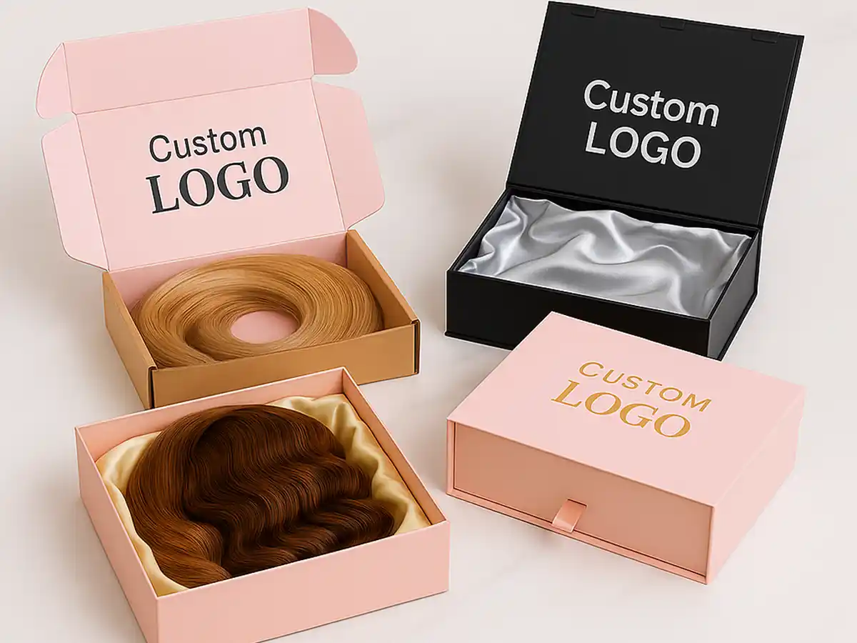 Assorted custom wig packaging boxes in pink and black with satin lining