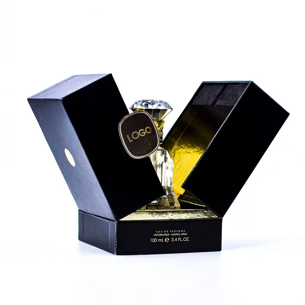 Black and gold double door magnetic rigid box for luxury perfume bottle