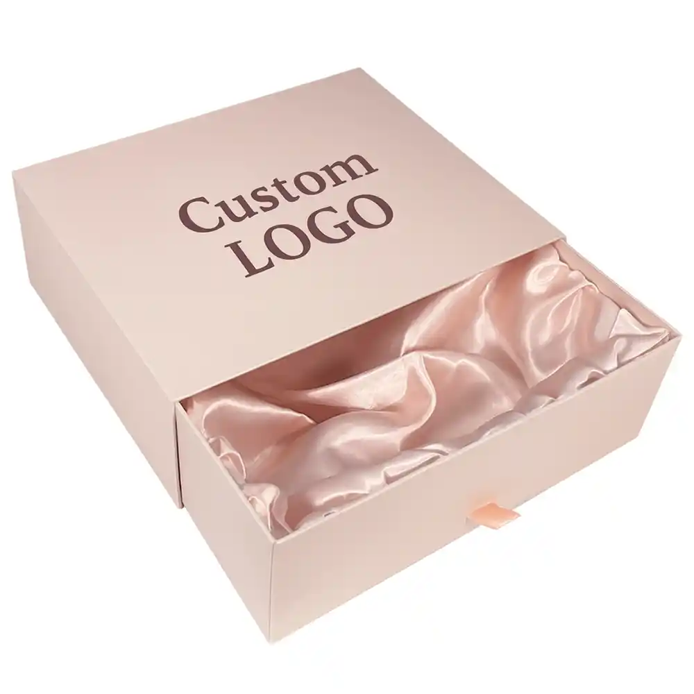 Pink drawer box with satin lining for luxury wig packaging