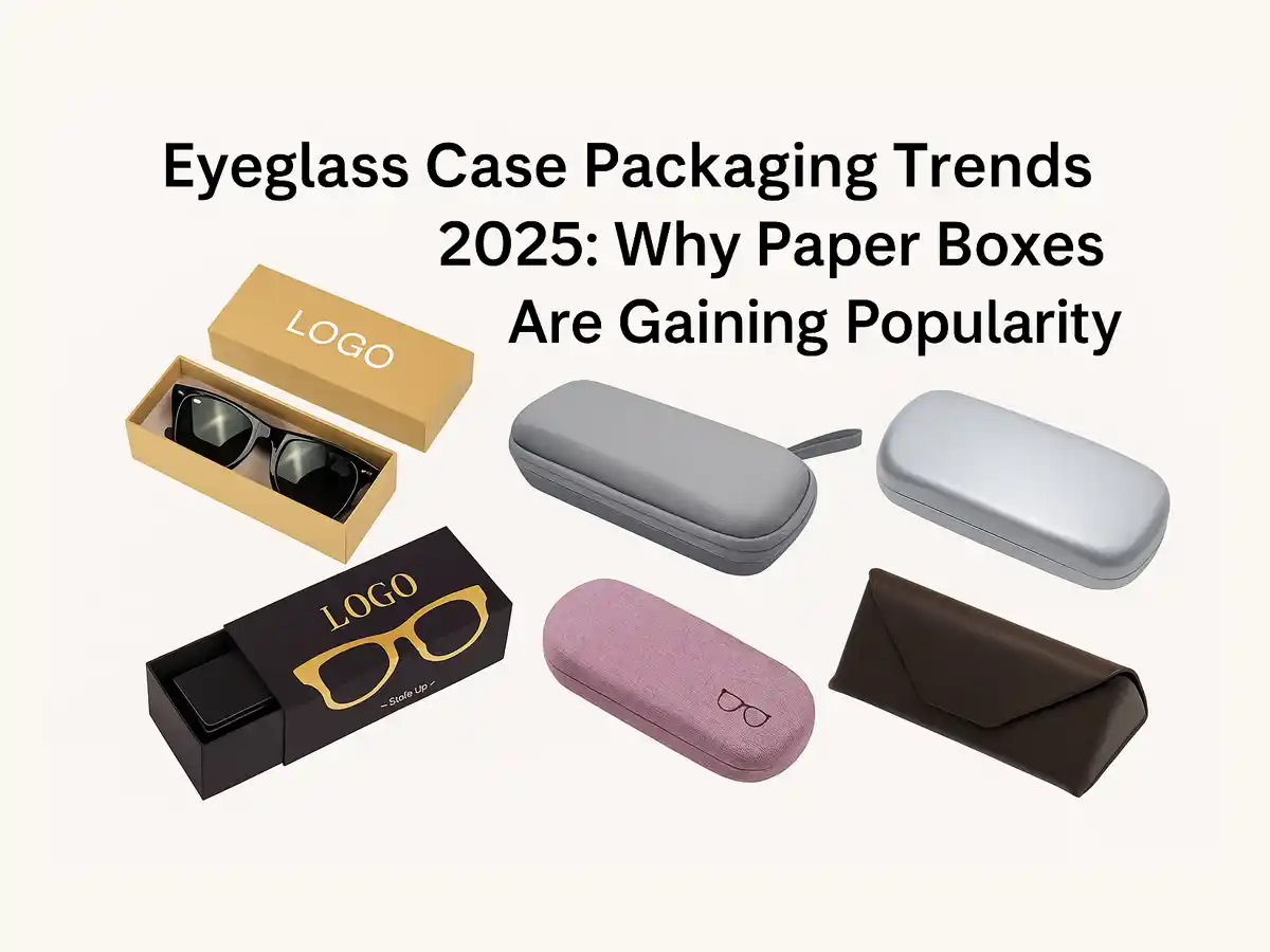 Assorted eyeglass case packaging designs including paper, PU leather, fabric, EVA, and metal cases with headline about 2025 trends