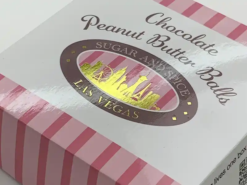 Pink striped candy box with gold foil hot stamping logo