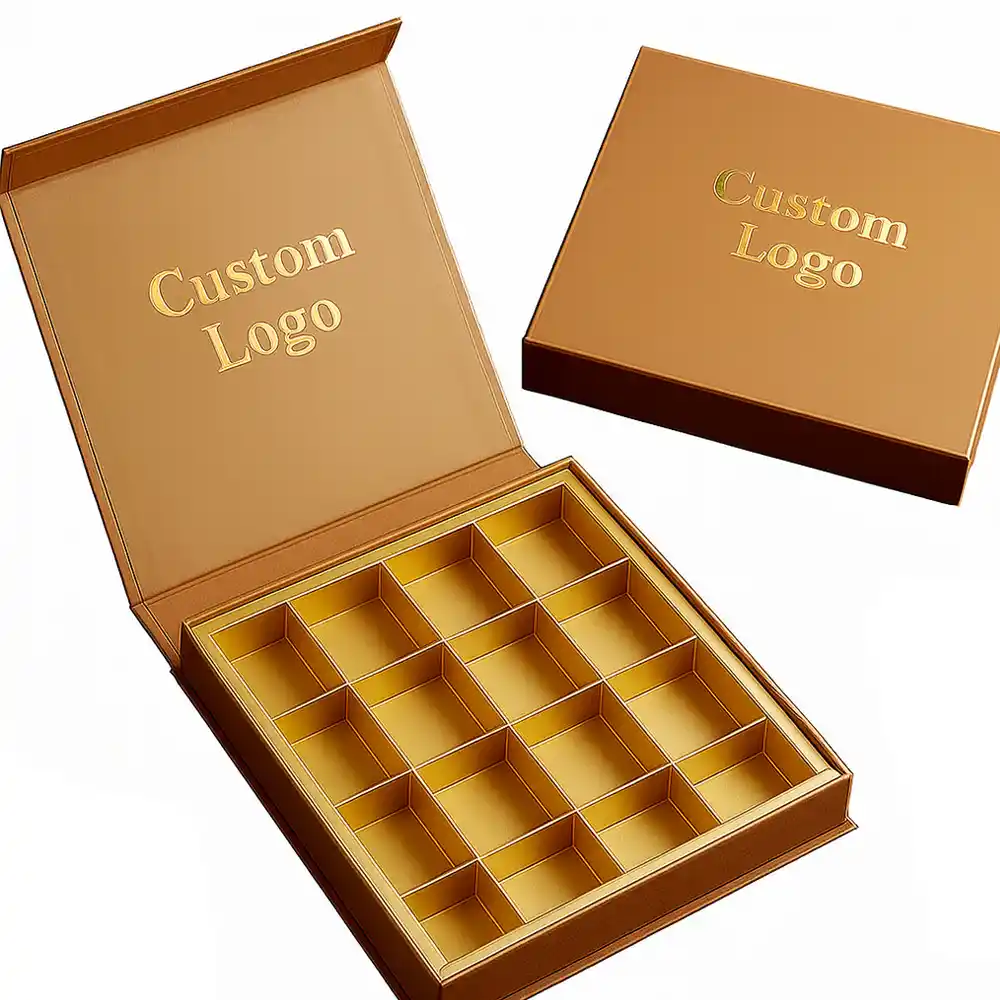 Luxury gold magnetic chocolate box with custom logo and grid compartments.