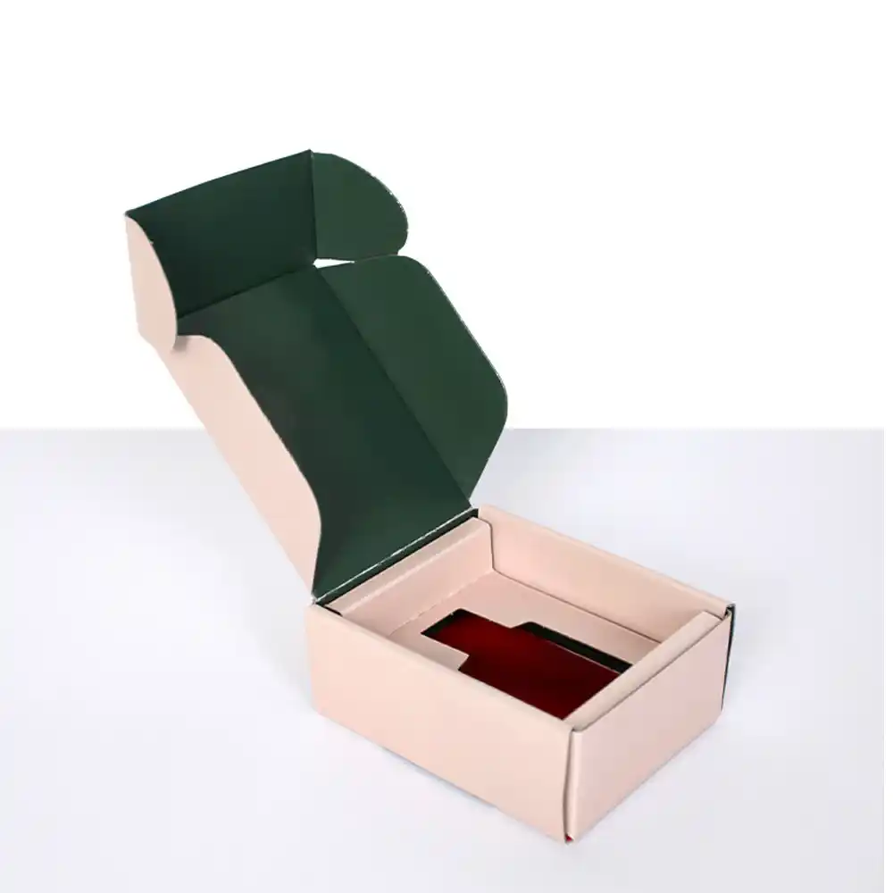 Custom folding mailer box with green interior and beige exterior