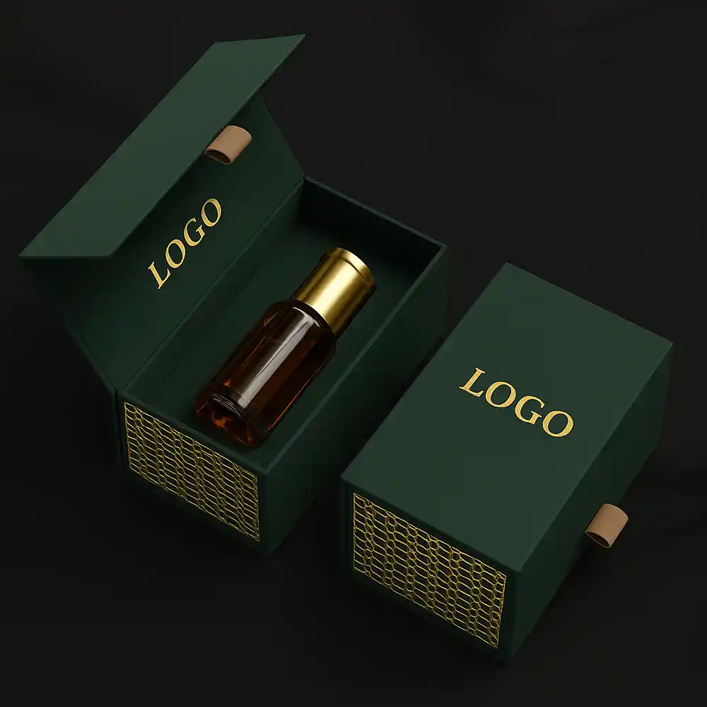 Dark green luxury perfume box with gold foil logo and magnetic lid