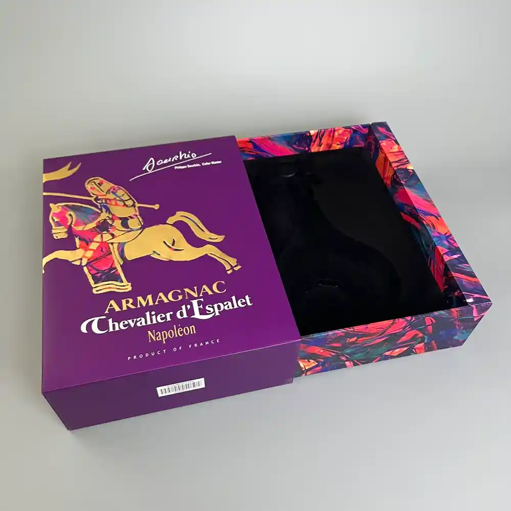 Purple Armagnac liquor gift box with gold horse design and colorful drawer base.