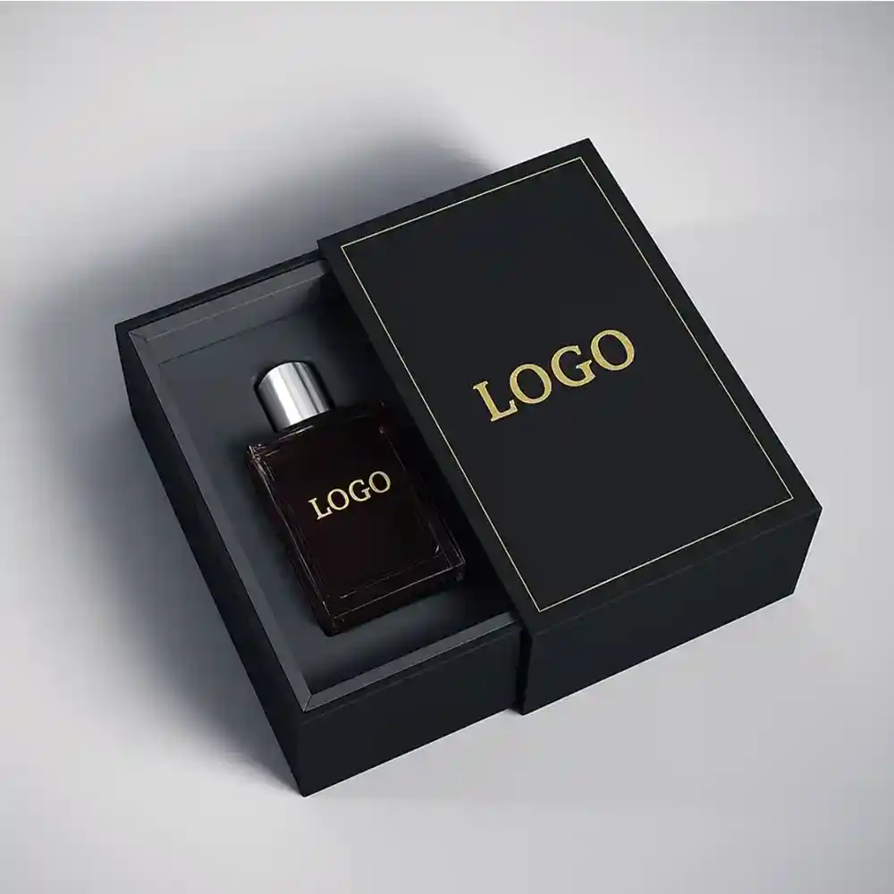 Black luxury perfume packaging box with gold logo and foam insert