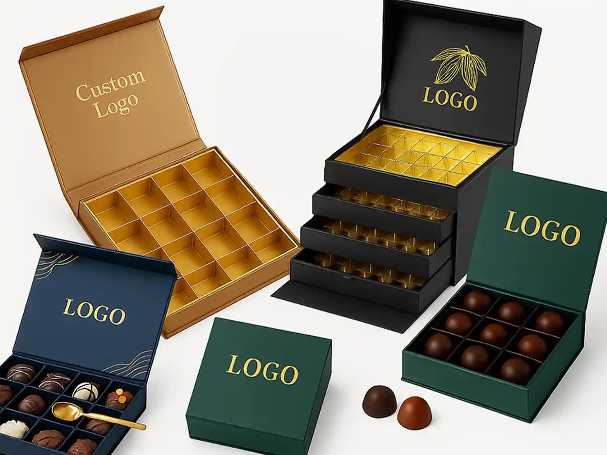 Assorted luxury magnetic chocolate boxes with custom logo and gold interiors.