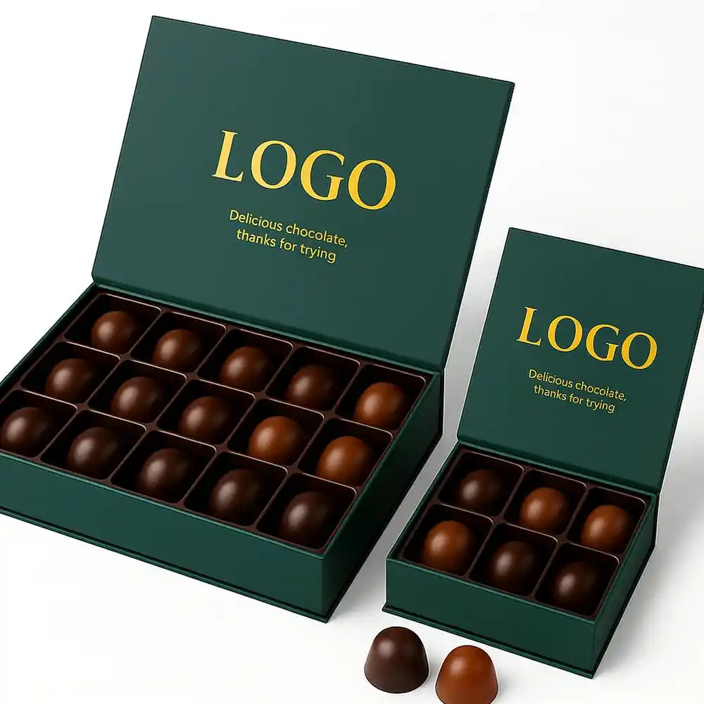 Dark green magnetic chocolate box with gold logo and grid compartments.