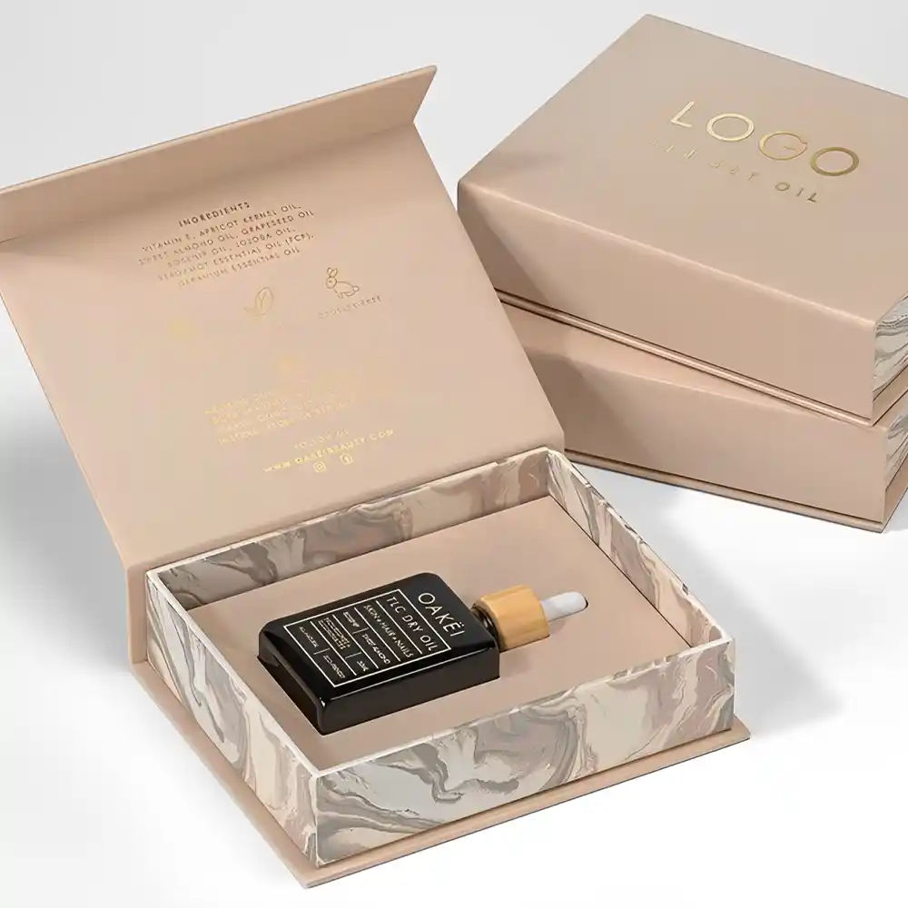 Luxury beige magnetic rigid box for essential oil bottle packaging
