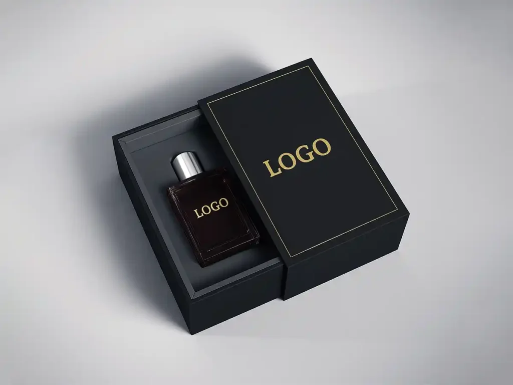 Luxury black perfume gift box with gold logo and bottle inside.