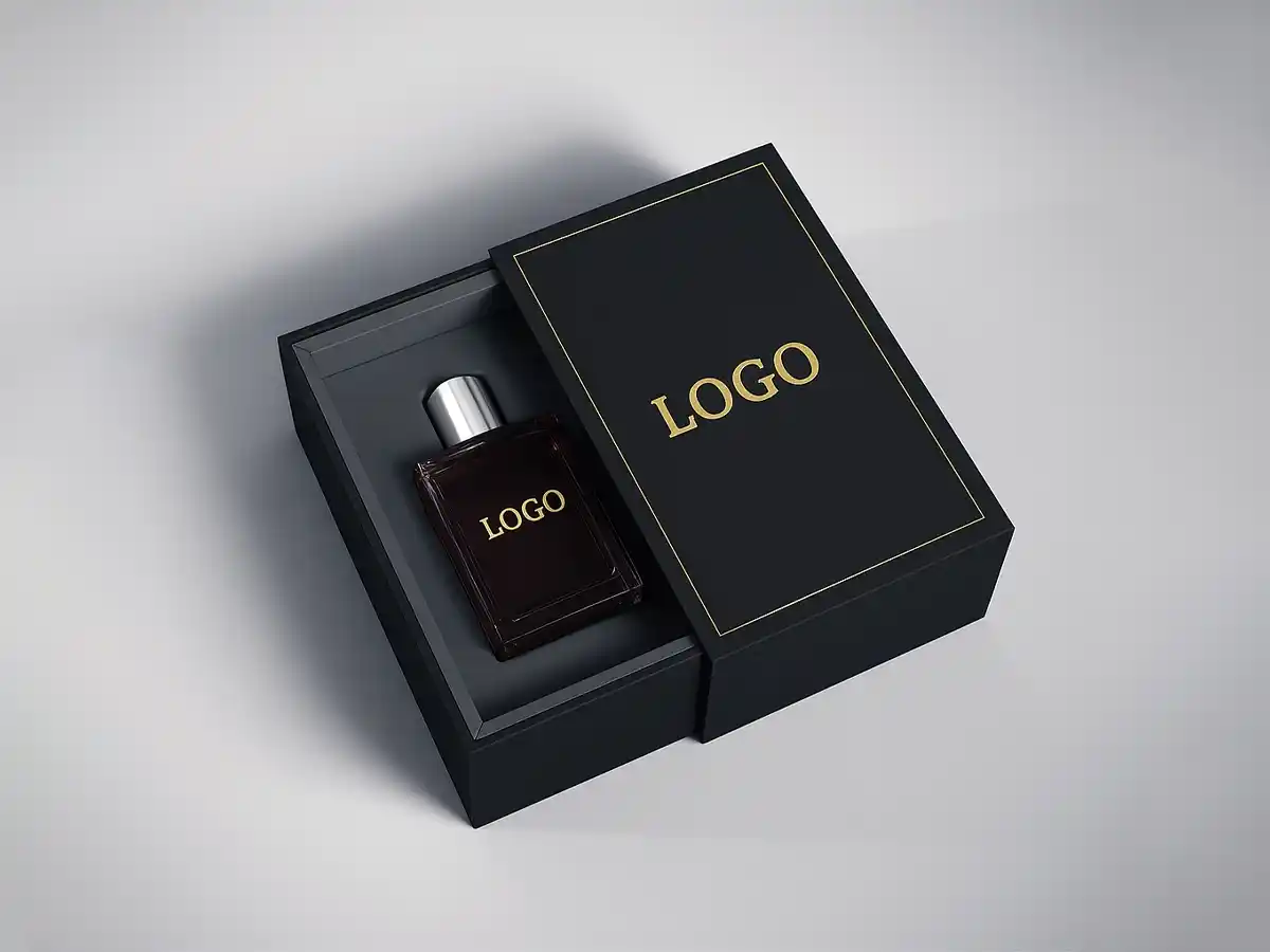 Luxury black perfume gift box with gold logo and bottle inside.
