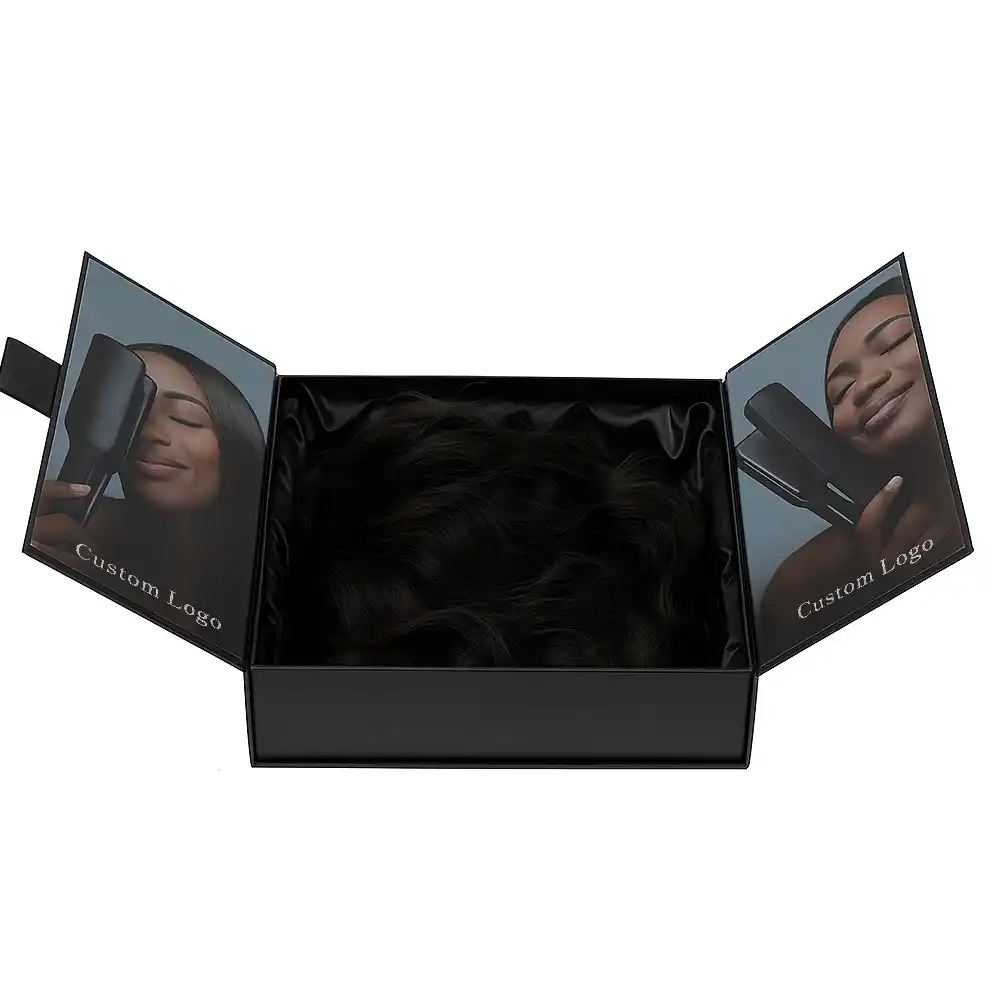 Black magnetic double-door box with satin lining for wig packaging